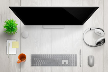 White modern desk with computer display. Free space for text. Top view. Headset, pad, plant, mug, keyboard, pen, mouse and dial beside.