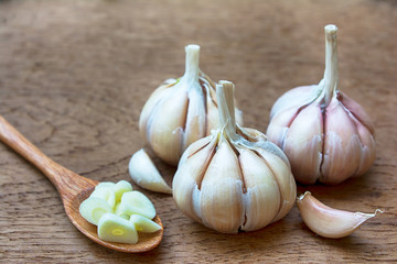 Garlic cloves with garlic sliced in wood spoon on wooden vintage background.