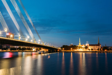 Fototapeta na wymiar Vansu Bridge In Riga, Latvia. Shroud Bridge. Cable-Stayed Bridge