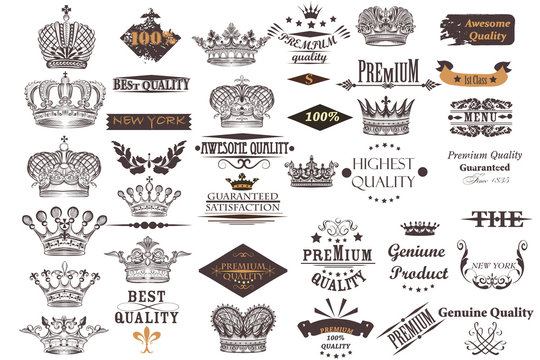 Big antique collection of vector crowns and labels for vintage design