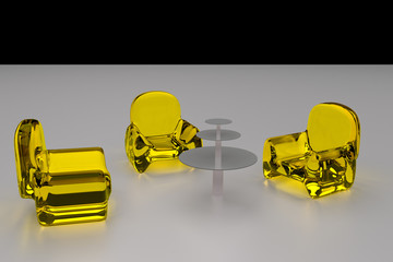 3D-Rendering von futuristischen, transparenten Sitzgelegenheiten und ein einzelner Tisch - auf heller Fl&auml;che angeordnet