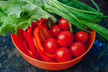fresh tomatoes, pepper, onions and salad in a bowl