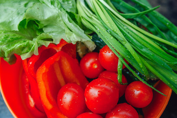 fresh tomatoes, pepper, onions and salad in a bowl