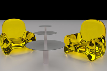 3D-Rendering von futuristischen, transparenten Sitzgelegenheiten und ein einzelner Tisch - auf heller Fl&auml;che angeordnet