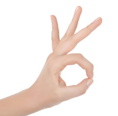 Female hand showing thumb up ok all right victory hand sign gesture. Gestures and signs. Body language on white background