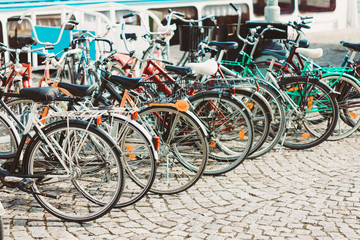 Row Of Parked Bicycles. Bicycle Parking In Big City