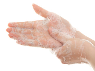 Washing hands with soap and water in bathroom. Hygiene. Cleaning Hands. Washing hands.