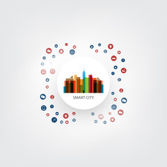 Colorful Smart City Design Concept with Icons - Digital Network Connections, Technology Background