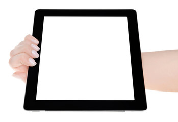Hand holding a tablet computer with white screen. Woman hands showing empty screen of modern digital tablet. Hand holding tablet pc isolated on white background with blank screen.