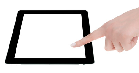 Hand holding a tablet computer with white screen. Woman hands showing empty screen of modern digital tablet. Hand holding tablet pc isolated on white background with blank screen.