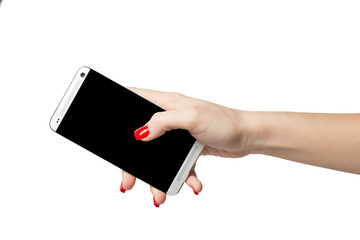 Isolated female hand holding a phone with black screen on white background