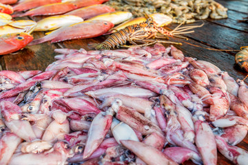 Fresh raw fish and seafood at market