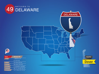Sign of State American in Road Style on Map USA. DELAWARE State with Information Area Ranked & Capital City Name, vector art image illustration