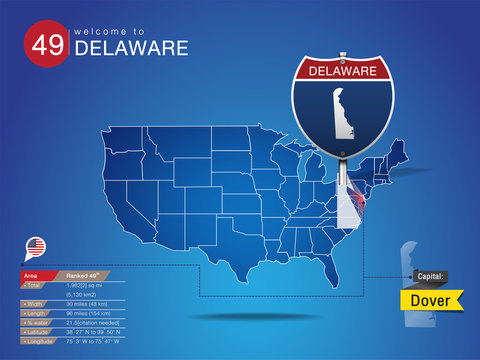 Sign of State American in Road Style on Map USA. DELAWARE State with Information Area Ranked & Capital City Name, vector art image illustration