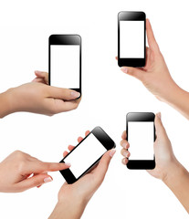 hand holding smartphone blank screen isolated. hand using smartphone on white. hand using smartphone isolated. hand using black color smartphone. woman hand using smartphone. 