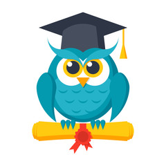 Wisdom concept, owl with diploma and graduation cap
