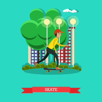 Vector illustration of a boy riding skateboard in flat style