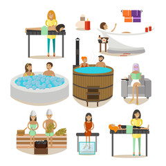 Vector set of Spa salon people, rehabilitation treatment design elements