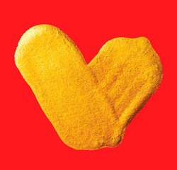 Vector shining gold heart. Watercolor texture brush strokes isolated on red. Abstract hand painted golden background.
