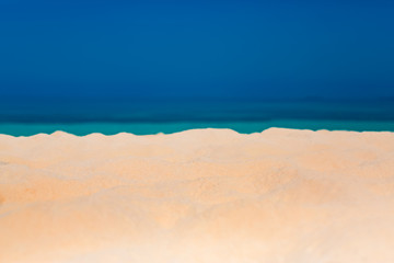 Fototapeta na wymiar Sea view from tropical beach with sunny sky. Summer paradise beach website design. Tropical shore. Tropical sea in Maldives. Exotic summer beach sky clouds on horizon. Ocean beach relax outdoor travel