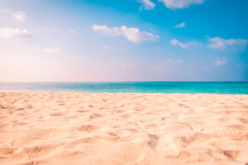 Fototapeta na wymiar Sea view from tropical beach with sunny sky. Summer paradise beach website design. Tropical shore. Tropical sea in Maldives. Exotic summer beach sky clouds on horizon. Ocean beach relax outdoor travel