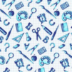Seamless pattern with set of different school objects