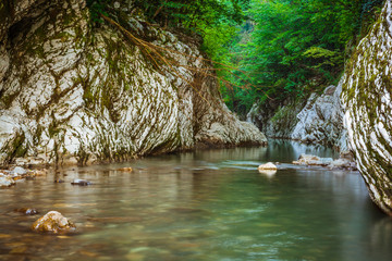 Mountain river Khosta, canyon Devil's Gate in Caucasian biosphere reserve, Sochi, Russia.