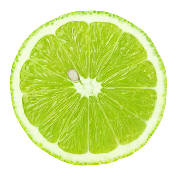 Top view of textured ripe green slice of lime citrus fruit isolated on white background with clipping path