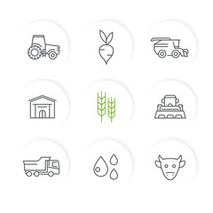 Agriculture, farming line icons set, tractor, agrimotor, harvester, cattle, agricultural machinery, storehouse