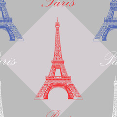 Seamless pattern with Eiffel tower on grey background