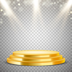 Gold round podium with blur lights effect, abstract background, vector