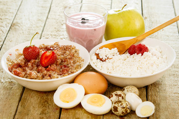 Healthy breakfast on wooden table