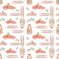 Watercolor seamless pattern texture. Turtles in racing cars.