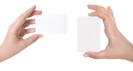 Woman hand hold virtual business card, credit card or blank paper isolated on white background.Clipping path included
