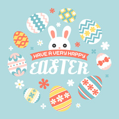 Have a very happy easter headline with cute bunny and red ribbon in circle frame of colorful egg and floral element, flat design vector