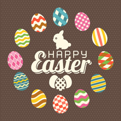 Happy easter typographic , bunny and colorful eggs frame on brown polka dot background, flat design