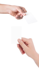Obraz premium Woman hand hold virtual business card, credit card or blank paper isolated on white background.Clipping path included