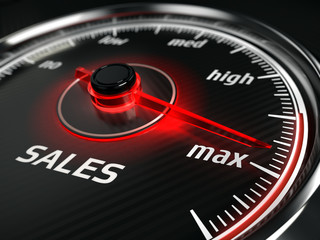 Great Sales - sales speedometer with needle points to the maximum. 3d rendering