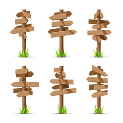 Wooden arrow signboards blank vector set. Wood sign post concept with grass. Board pointer illustration isolated on a white background