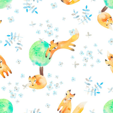 Watercolor seamless pattern with foxes in forest. Good for kids 
