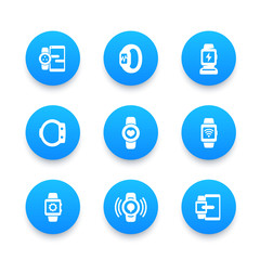 smart watch icons set, wearable devices, gadgets, fitness tracker, data synchronization, charging station, vector illustration