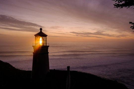 Heceta Head Lighthouse at sunset, built in 1892