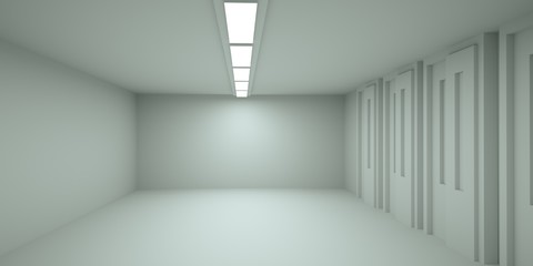 Abstract light space with doors, 3 d render