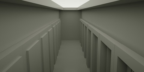 Abstract dark space with doors, 3 d render