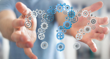 Businessman holding question marks gear 3D rendering