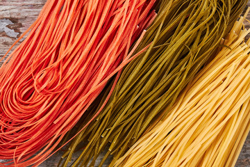 Multi-colored Italian spaghetti close-up.