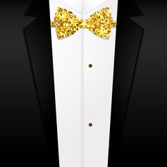 Golden bow tie Vector illustration Shiny golden bow tie on background of a tuxedo Realistic style