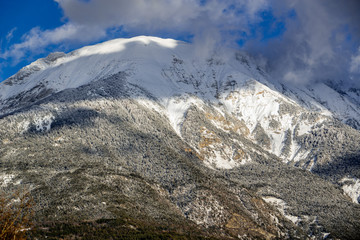 The mountain peak of Les Croix coverred in snow and frost in winter. Saint Andre d'Embrun,...