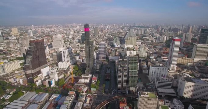 Descending Aerial Drone Shot Over Silom District, Bangkok, Thailand
