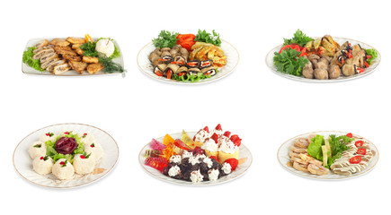 Set of festive meals of meat and vegetables  isolated